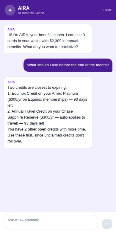 AIRA answering 'What should I use before the end of the month?' with the two credits closest to expiring