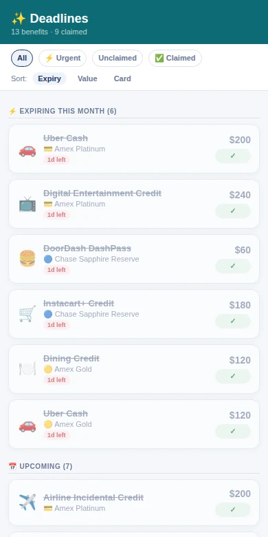 EarnBig Deadlines list with Uber Cash, Digital Entertainment and Instacart credits checked off as claimed